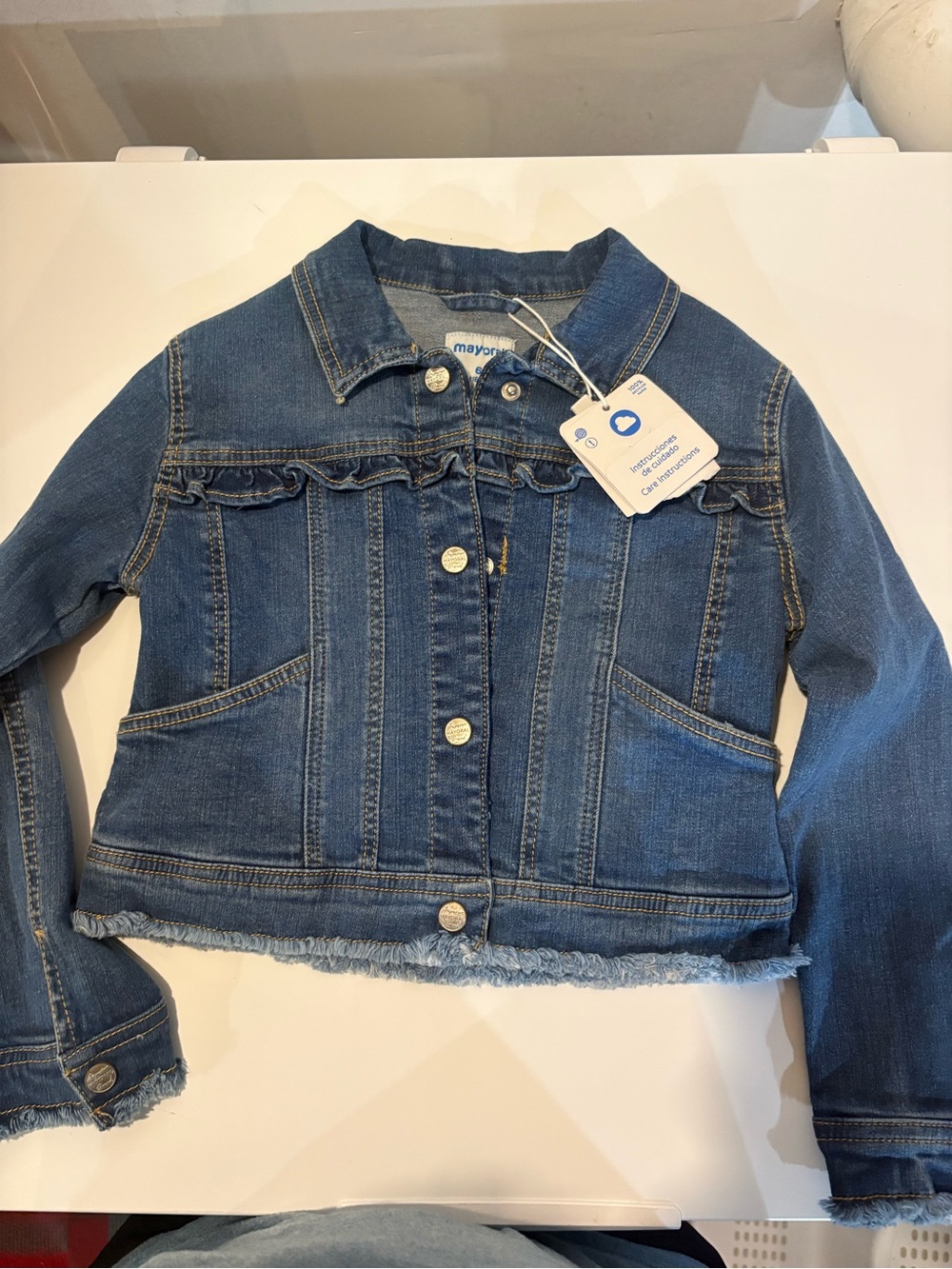 Mayoral Blue Denim Jacket with Ruffle Trim
